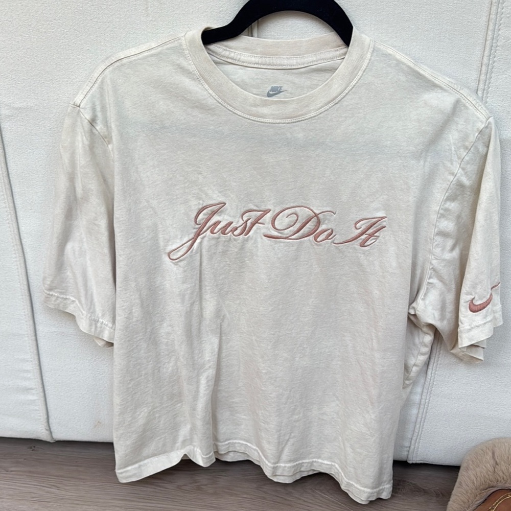 Nike Cream Crop Top with Pink Logo
